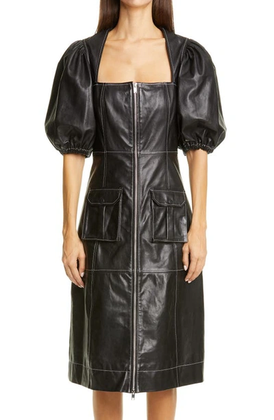 Shop Ganni Puff Sleeve Leather Dress In Black