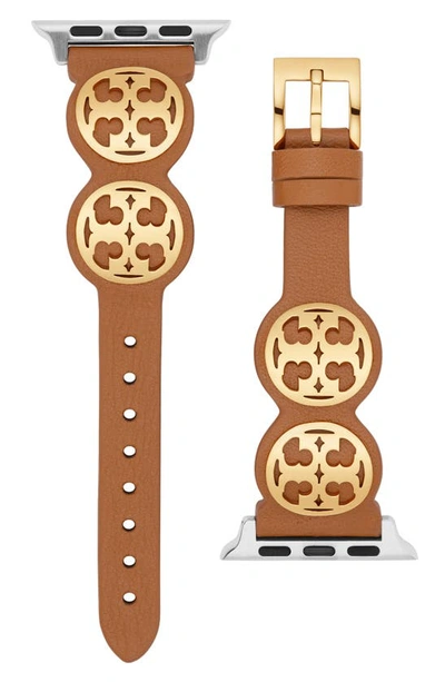 Shop Tory Burch Miller Leather 20mm Apple Watch® Watchband In Luggage