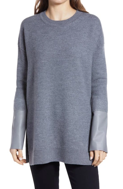 Shop Allsaints Essy Leather Cuff Wool Sweater In Grey Marl