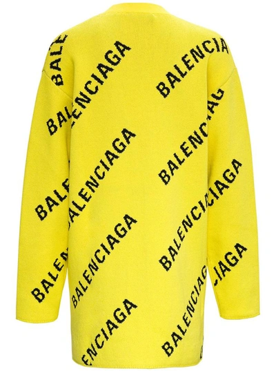 Shop Balenciaga L / S Cardigan With Allover Logo In Yellow