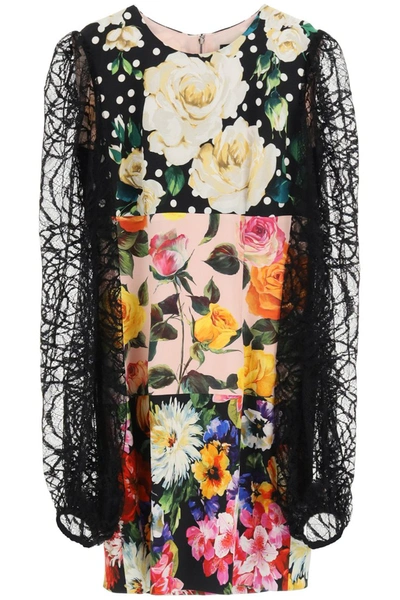 Shop Dolce & Gabbana Mini Dress With Lace Sleeves In Variante Abbinata