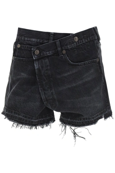 R13 Crossover Asymmetric Distressed Denim Shorts In Jake Black