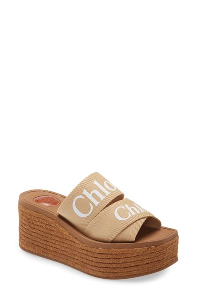 Shop Chloé Woody Logo Espadrille Platform Slide Sandal In Soft Tan