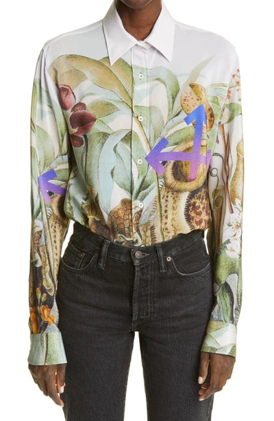 Shop Off-white Botanical Print Silk Button-up Shirt In White Multicolor