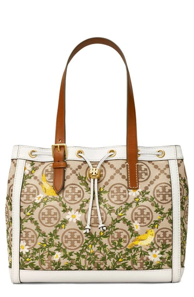 Shop Tory Burch T Monogram Floral Embroidered Tote In Hazel / Gardenia