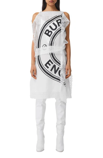 Shop Burberry Lace Logo Silk Sheath Dress In White/ Black Print