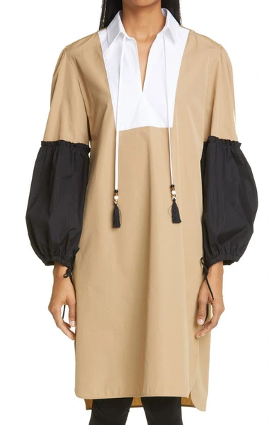 Shop Max Mara Fornovo Colorblock Long Sleeve Cotton Dress In Camel