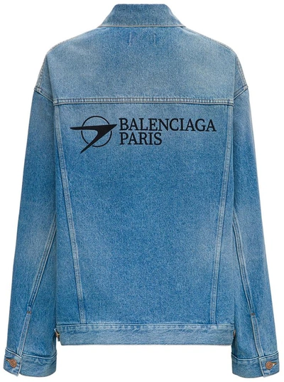 Shop Balenciaga Large Denim Jacket With Logo In Light Blue