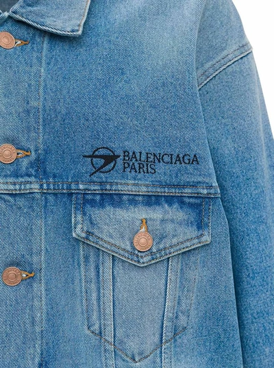 Shop Balenciaga Large Denim Jacket With Logo In Light Blue