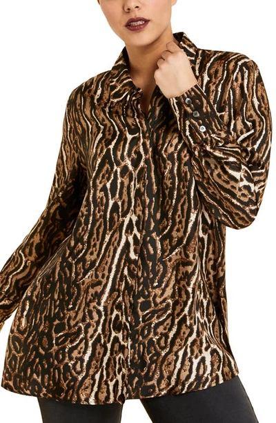 Shop Marina Rinaldi Bellezza Animal Print Button Up Silk Shirt In Brown