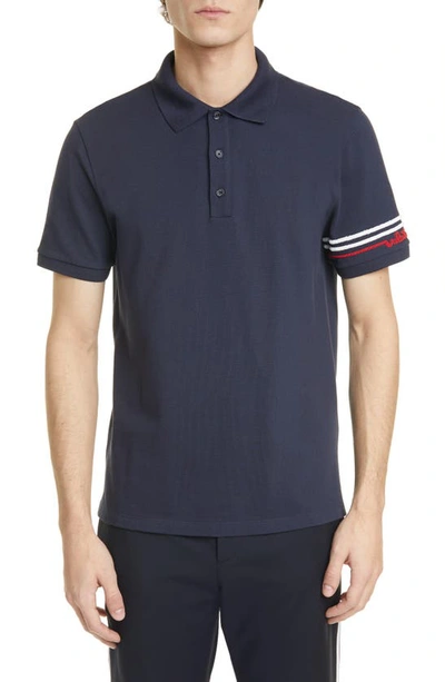 Shop Valentino Stripe Short Sleeve Pique Polo In Navy
