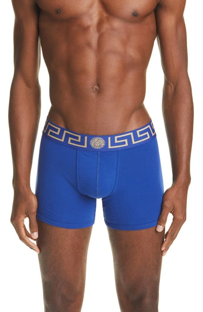 Versace Iconic Low-rise Stretch-cotton Trunks In Bluette-gold