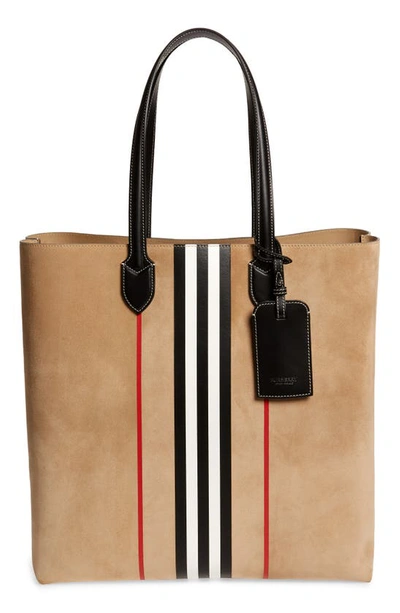 Shop Burberry Large Kane Icon Stripe Suede Tote In Archive Beige