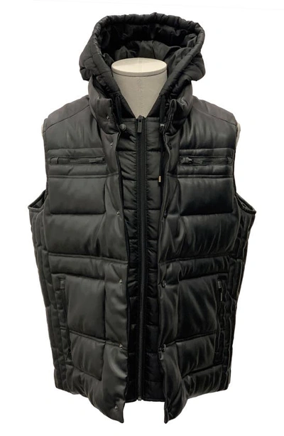 Shop Sean John Faux Leather Puffer Hooded Vest In Black