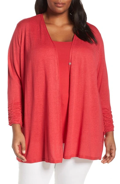 Shop Nic + Zoe Ruched Sleeve Linen Blend Cardigan In Cosmo Red