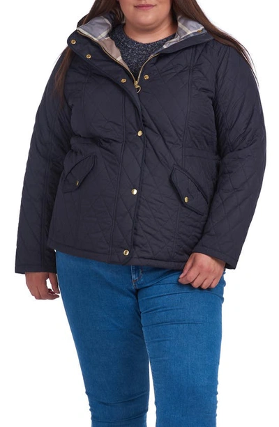 Shop Barbour Millfire Diamond Hooded Quilted Jacket In Dk Navy/ Oatmeal Tartan