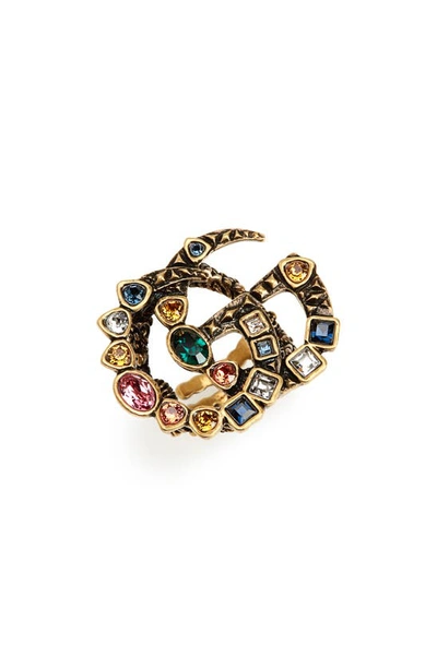 Shop Gucci Fashion Show Double G Colored Crystal Ring In Gold/ Multi