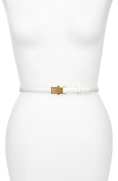 Shop Prada Logo Buckle Saffiano Calfskin Leather Skinny Belt In Bianco