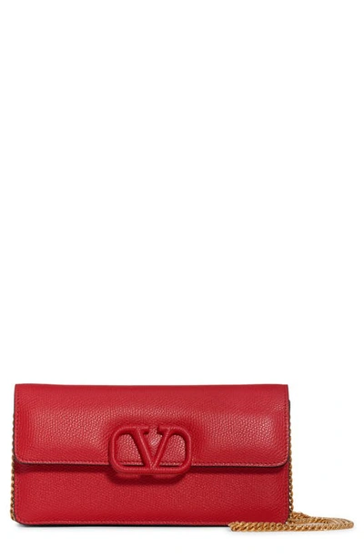 Shop Valentino Vsling Calfskin Wallet On A Chain In Rouge Pur