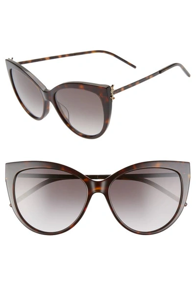 Shop Saint Laurent 56mm Cat Eye Sunglasses In Shiny Dark Havana/ Grey Grad