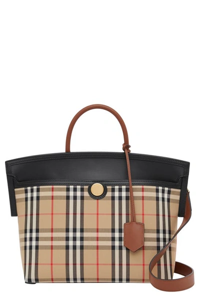 Shop Burberry Small Society Vintage Check Top Handle Bag In Archive Beige/ Black