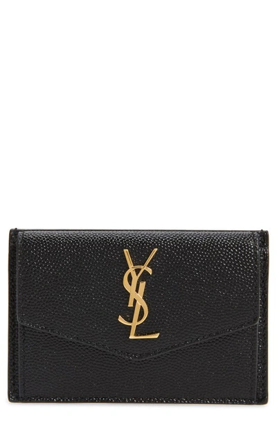 Saint Laurent Uptown Pebbled Leather Flap Card Case In Noir
