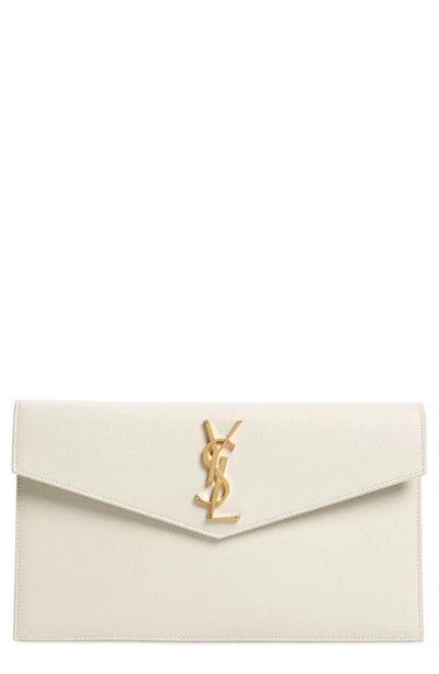 Shop Saint Laurent Uptown Calfskin Leather Envelope Clutch In Blanc Vintage