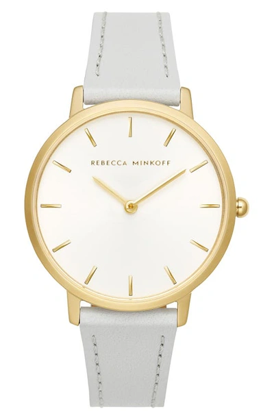 Shop Rebecca Minkoff Major Leather Strap Watch, 35mm In Grey / Silver White/ Gold