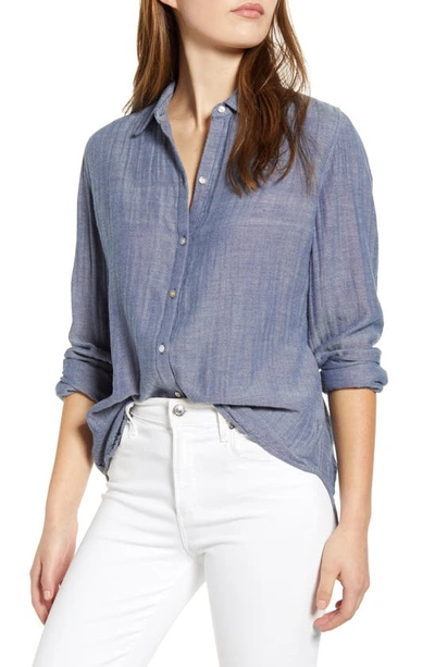 Shop Beachlunchlounge James Chambray Cotton Double Cloth Shirt In Indigo Chambray