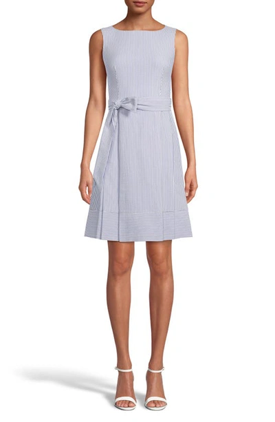 Shop Anne Klein Belted Stripe Seersucker Dress In Rain Shadow/ White