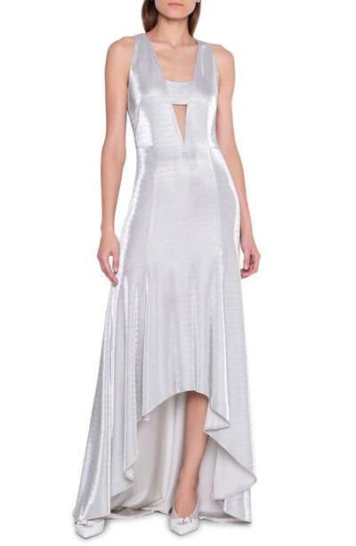 Shop Akris Cutout Sleeveless Metallic Jersey Gown In Silver