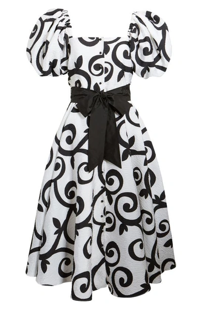 Shop Rodarte Belted Swirl Cloque Dress In Black/ White