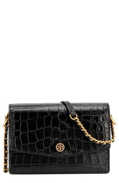 Shop Tory Burch Robinson Embossed Mini Leather Shoulder Bag In Black