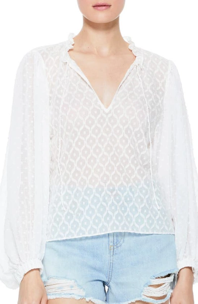 Shop Alice And Olivia Julius Geo Pattern Blouson Sleeve Silk Blend Tunic Top In Off White