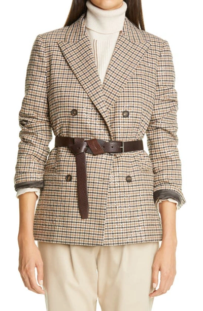 Shop Brunello Cucinelli Houndstooth Double Breasted Linen, Wool & Silk Blazer In Fango