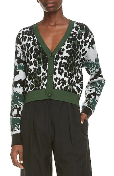 Shop Kenzo Leopard Jacquard Crop Cardigan In Bottle Green