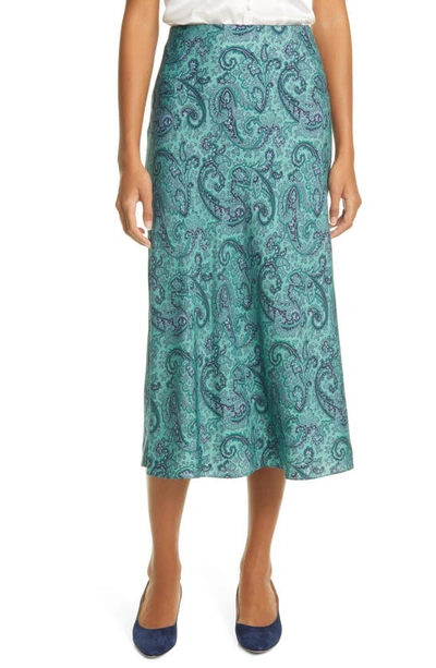 Shop Rebecca Taylor Margaux Paisley Silk Blend Midi Slip Skirt In Jade Combo