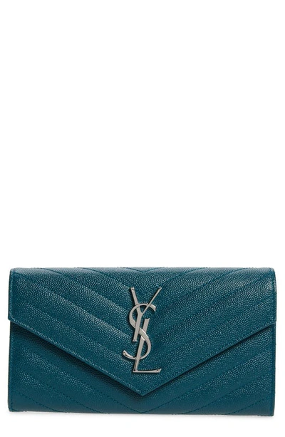 Shop Saint Laurent M Atelasse Leather Envelope Wallet In Petrol Green