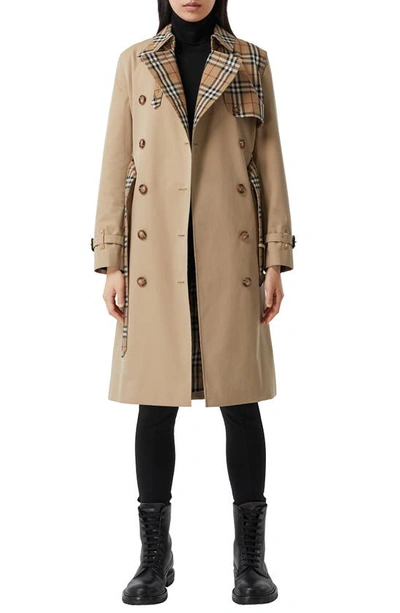 Shop Burberry Herne Check Panel Cotton Gabardine Trench Coat In Honey