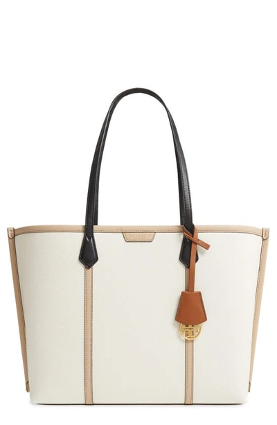 Shop Tory Burch Perry Colorblock Leather Tote In New Ivory