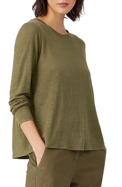Shop Eileen Fisher Organic Linen Long Sleeve T-shirt In Olive