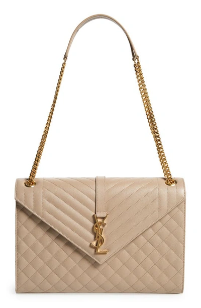 Saint Laurent Monogram YSL V-Flap Large Tri-Quilt Envelope Chain Shoulder Bag - Golden Hardware Dark Beige