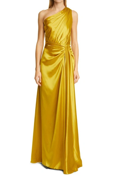 Shop Dolce & Gabbana One-shoulder Satin Gown In Senape