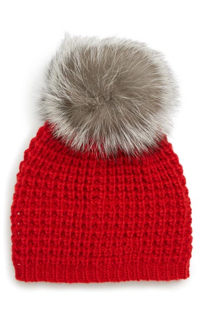 Shop Kyi Kyi Genuine Fox Pompom Hat In Red/ Silver Fox Pom