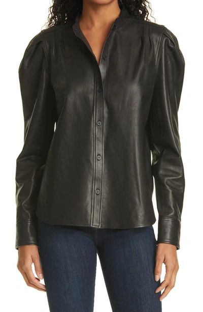 Shop Frame Charlie Band Collar Leather Button-up Blouse In Noir