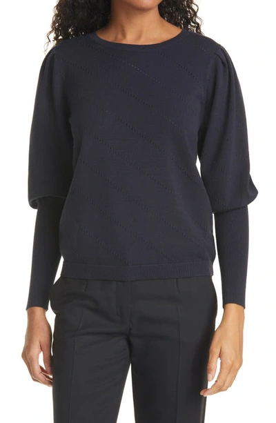 Shop Milly Diagonal Pointelle Bishop Sleeve Sweater In Black