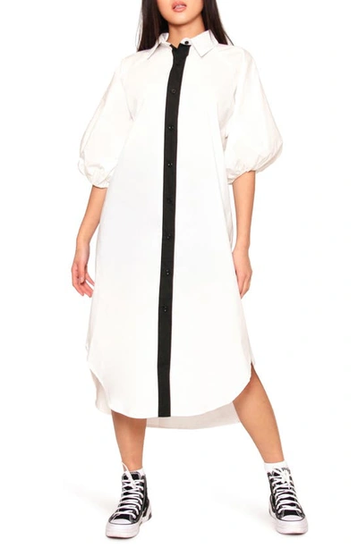 Shop Absence Of Colour Gillain Balloon Sleeve Shirtdress In White With Black Piping