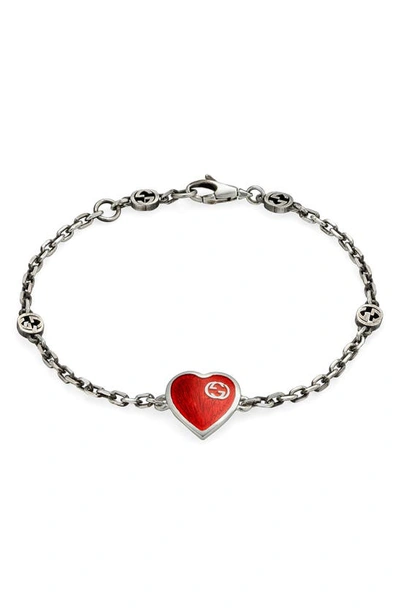 Shop Gucci Extra Small Interlocking-g Red Heart Bracelet In Silver/ Red