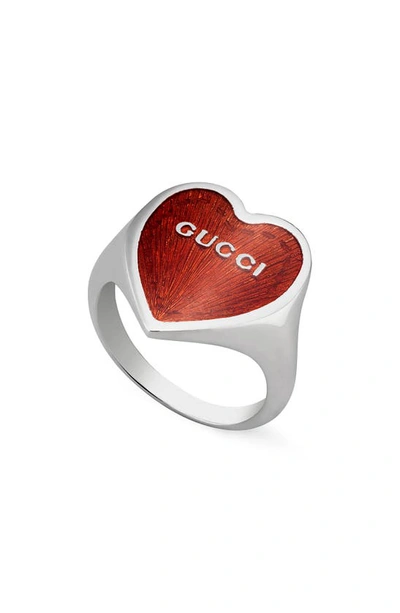 Shop Gucci Red Heart Ring In Silver/ Red