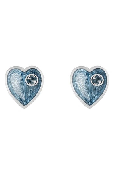 Shop Gucci Extra Small Interlocking-g Blue Heart Stud Earrings In Silver/ Blue